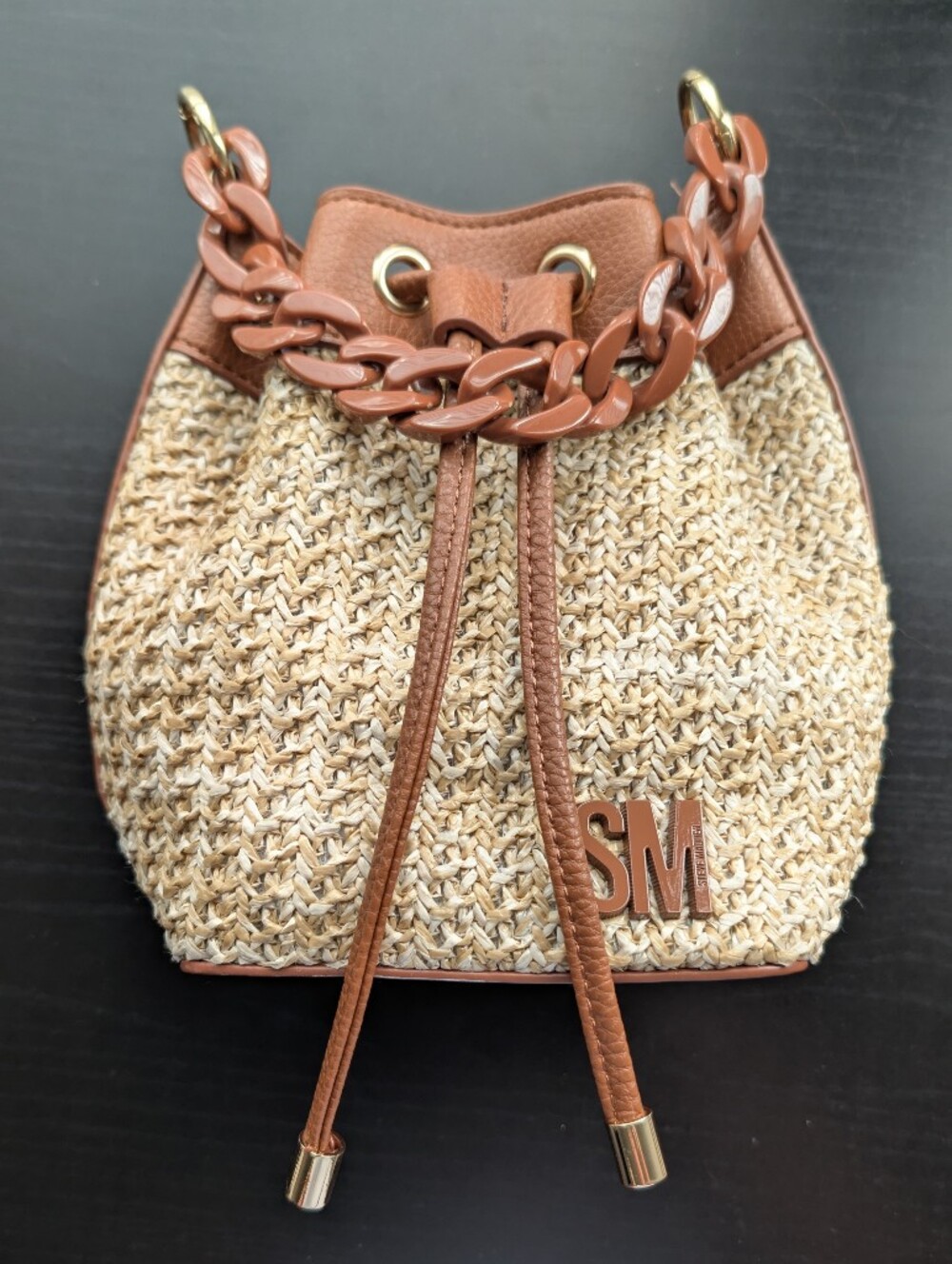 Steve Madden Tan Woven Drawstring Bucket Crossbody with Chain